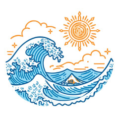 Obraz premium Water waves illustration, line art, blue and orange coast scene -