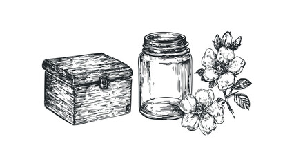 Hand drawn sketch of vintage wooden chest beside empty glass jar with blooming flowers. Vector hand drawn illustration