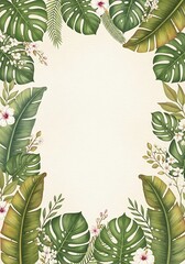Watercolor Tropical Foliage Frame with Hibiscus Flowers and Monstera Leaves on Cream Background