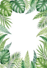 Watercolor Tropical Foliage Frame with Lush Green Leaves and White Space