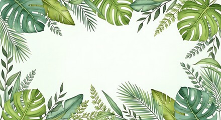 Watercolor Tropical Foliage Frame with Lush Green Leaves and White Space