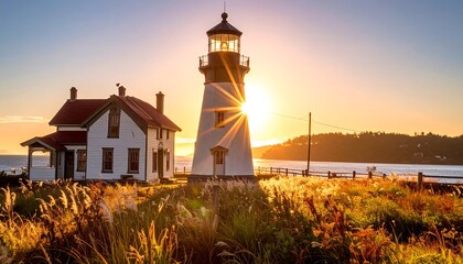 A picturesque lighthouse stands tall against a backdrop of golden sunset hues, with a charming coastal house nestled beside it, bathed in the warm glow of the setting sun.