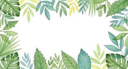 Watercolor Tropical Foliage Frame with Monstera and Palm Leaves on White Background