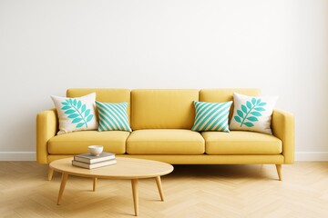 Modern yellow sofa with decorative pillows in bright minimalist living room interior on wooden floor and white wall background.