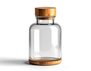 
Glass Bottle with Wooden Cap and Base on White Background