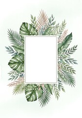 Watercolor Tropical Foliage Frame with Monstera Leaves and Blank Space