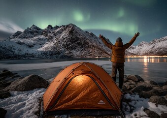 Fototapeta premium A man stands before a tent under the aurora borealis at night