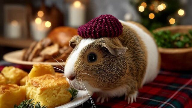 Adorable guinea pig wearing a knitted hat, surrounded by festive holiday food, including golden cornbread and a roasted dish, creating a cheerful atmosphere of celebration and warmth