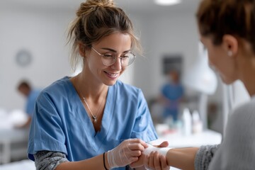 Fototapeta premium A nurse is bandaging a patients wrist in a hospital