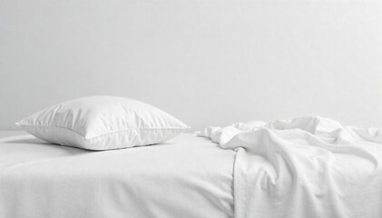 Serene image of a fluffy white pillow, perfectly crisp white sheets, and a soft, plush blanket, suggesting peaceful slumber and rest on a clean, white background , bedroom, texture, unwinding