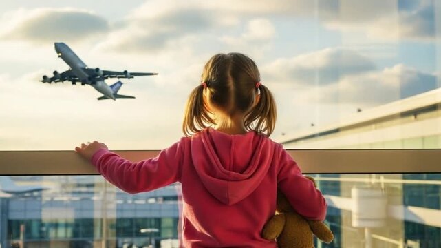 Child watching airplane taking off through airport window