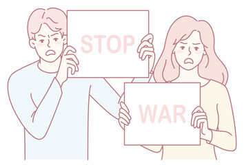 An illustration of passionate activists holding signs advocating for peace and urging an end to war