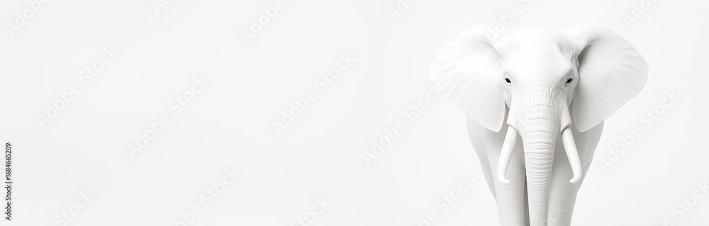 Poster white elephant standing on clean white background with ample copy space to the left for poster or ba