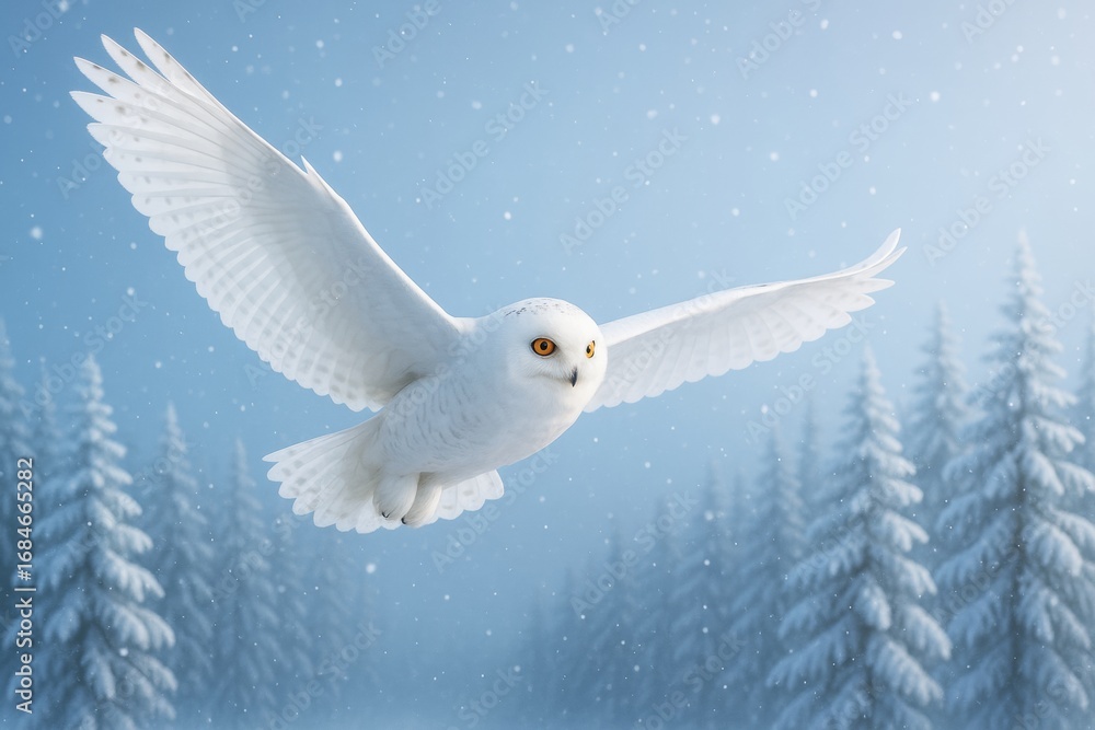 Aufkleber snowy owl in flight through snowy forest with light blue sky and falling snowflakes in soft focus ba