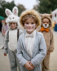 Costumed boy leads a playful animal parade