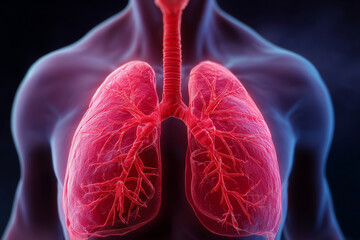 A close up of a person's lungs with red airways