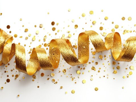 Gold ribbon streamer with confetti on white background