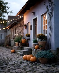 Cozy village scene with pumpkins on Halloween evening