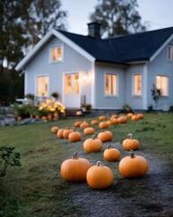 Pumpkins decorate a cozy village house at evening