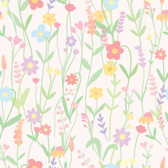 Colorful flower blossom with green leaf on pink background seamless pattern