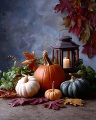 Autumn Harvest Still Life with Pumpkins and Lantern