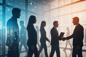 Business professionals networking and shaking hands with abstract digital connections in a modern office background with soft gradient light..
