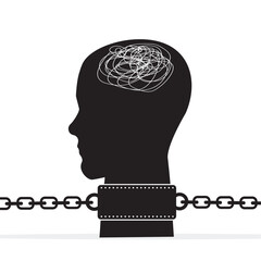 Black silhouette of human head with shackles and heavy chain around the neck. Concept of slavery, prison or depression. Chaos in mindset and negative think. Lock closed brain,