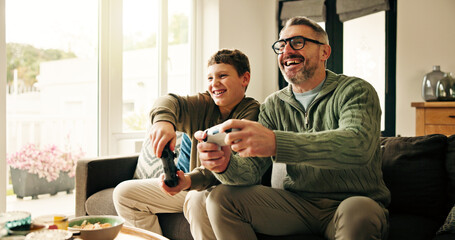 Playing, video games and dad with child, home or happy with subscription on website, fun and online. Bonding, father and son with console for digital competition, man and smile with boy in house