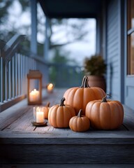 Cozy autumn porch with glowing pumpkins and candles
