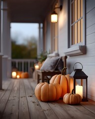 Cozy autumn porch with glowing pumpkins and candlelight