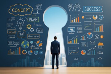 Businessman standing before keyhole-shaped opening with abstract business concept and success infographics on blue background, symbolizing opportunity.