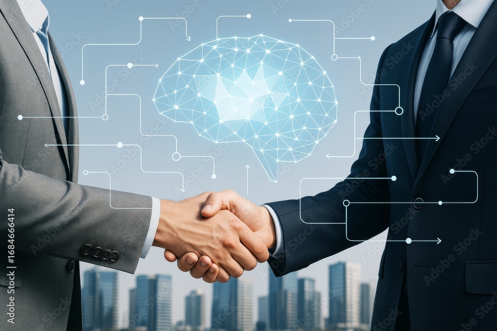 Poster businessmen shaking hands with digital brain and data network on light city background symbolizing c