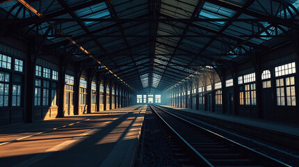 Obraz premium The Solitude and Grandeur of an Old Train Station with a Focus on Architectural Details and Light