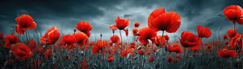 Red poppies displayed for remembrance day concept. Vibrant red poppies swaying gently in a serene landscape.