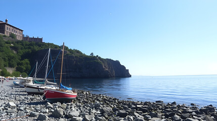 Boats moored on tranquil rocky coast