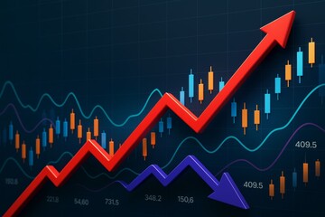 Naklejka premium Financial chart with upward and downward arrows on dark background symbolizing business growth and decline concept with light effects.