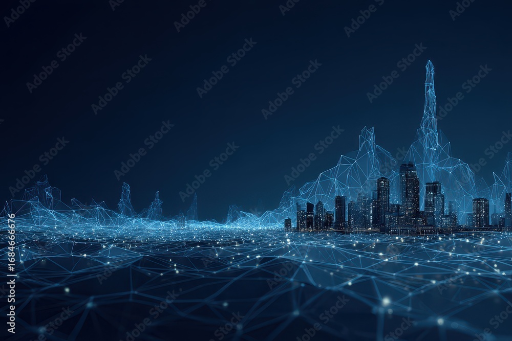Poster low poly wireframe mesh representation of an urban skyline against a dark background showcasing mode