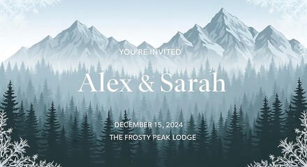 Winter Wedding Invitation with Snowy Mountains and Forest for Alex and Sarah