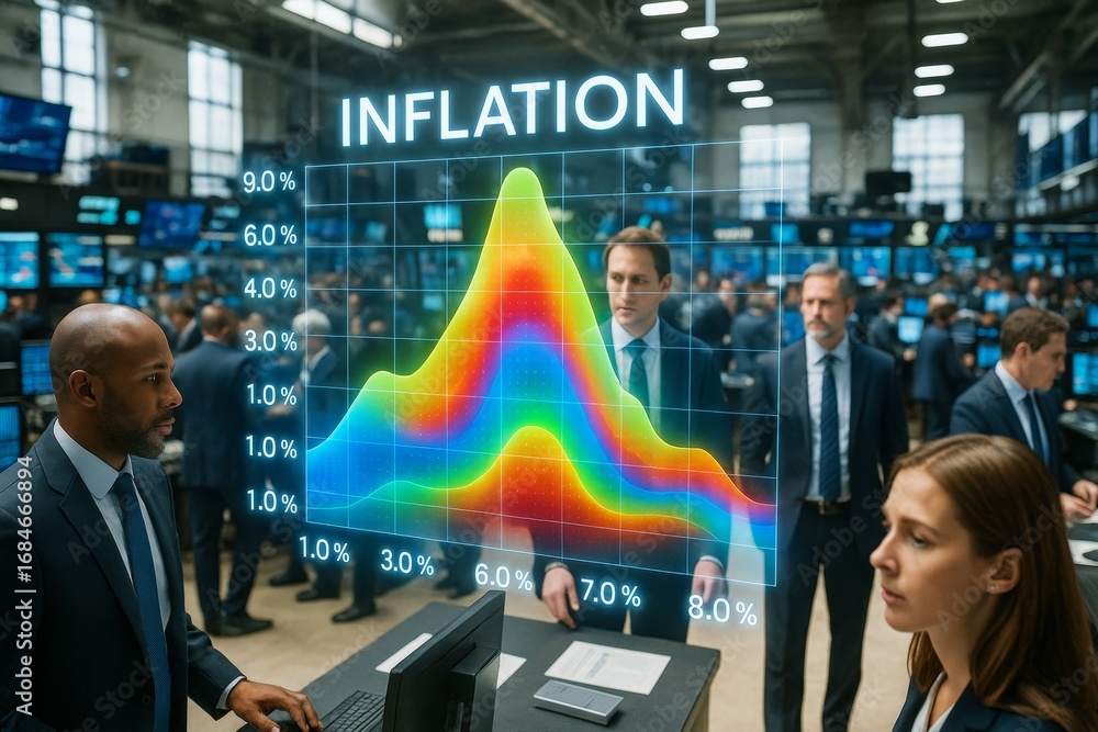 Poster business professionals analyzing colorful inflation graph in modern office with digital display and 