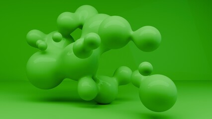 Abstract green glossy metaball spheres in flight. Realistic render of bubbles on an isolated background.