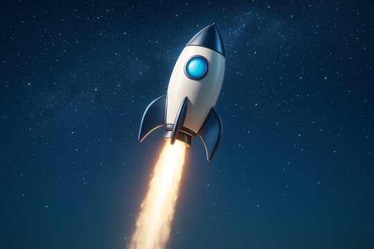 Cartoon rocket ship blasting off in space with fire trail under starry night sky, symbolizing launch, innovation, and progress concept. Ai generative