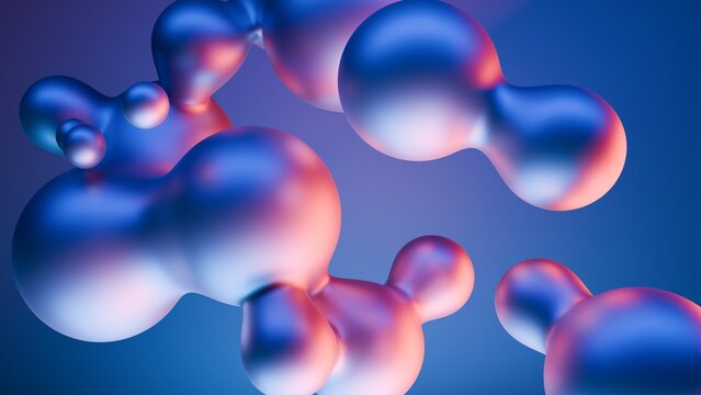 Abstract blue glossy metaball spheres in flight. Realistic render of bubbles on an isolated background.
