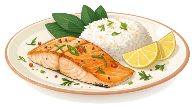 Grilled salmon with rice and lemon slices isolated on a transparent background fish white