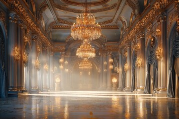 Obraz premium Elegant luxury grand ballroom adorned with crystal chandeliers and opulent decor, creating a mesmerizing atmosphere in a historic venue