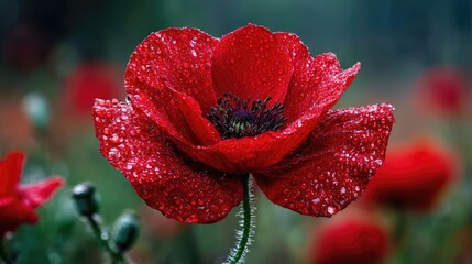 Red poppies displayed for remembrance day concept. Vibrant red poppy flower adorned with morning dew in nature.