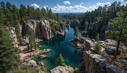 High-angle view of a turquoise lake, surrounded by rocky cliffs and pine trees