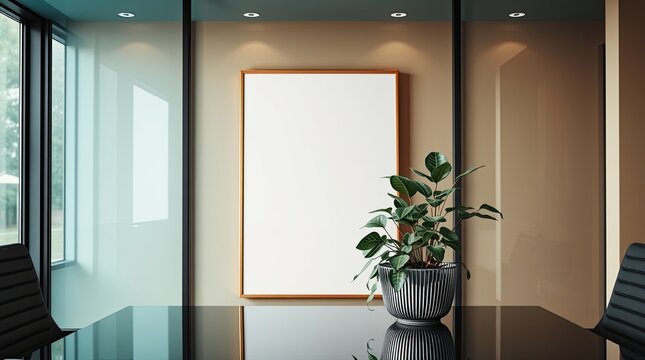 Branding mockup frame in modern office interior.