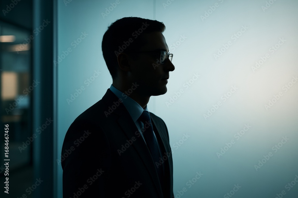 Aufkleber silhouette of a man in suit and glasses standing in dim office hallway with soft gradient light back