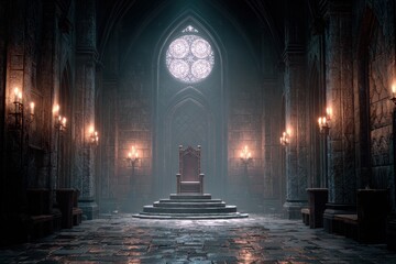 Majestic throne room filled with shadows and light in a magical dark academia fantasy setting surrounded by ancient stone walls and flickering candles