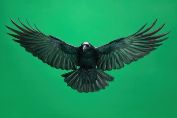 Fototapeta premium Majestic black raven in mid flight showcasing its powerful wings against a vibrant green backdrop during a clear daytime